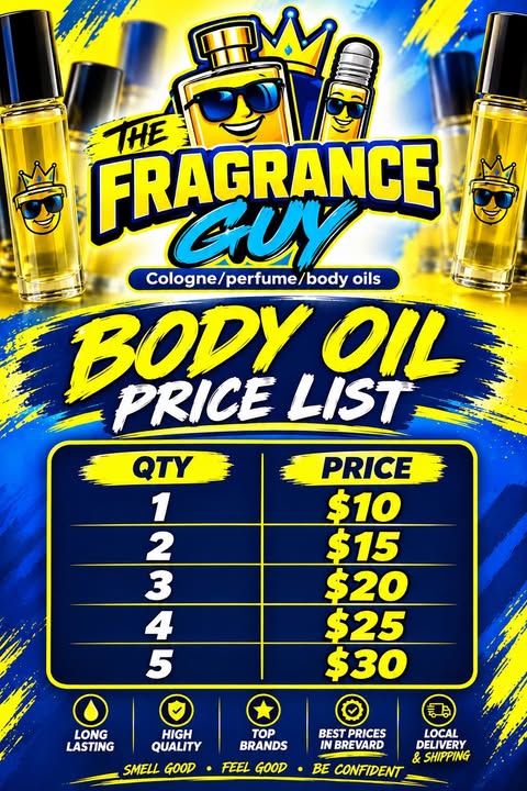 His own Body Oil Price List flyer — 1 for $10 up to 5 for $30